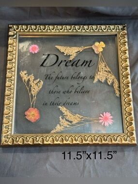 Framed 'Dream' Glass Art with Pressed Flowers - Gold Frame